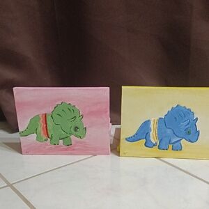 Hand-Painted Triceratops Canvas Pair - Pink & Yellow Backgrounds